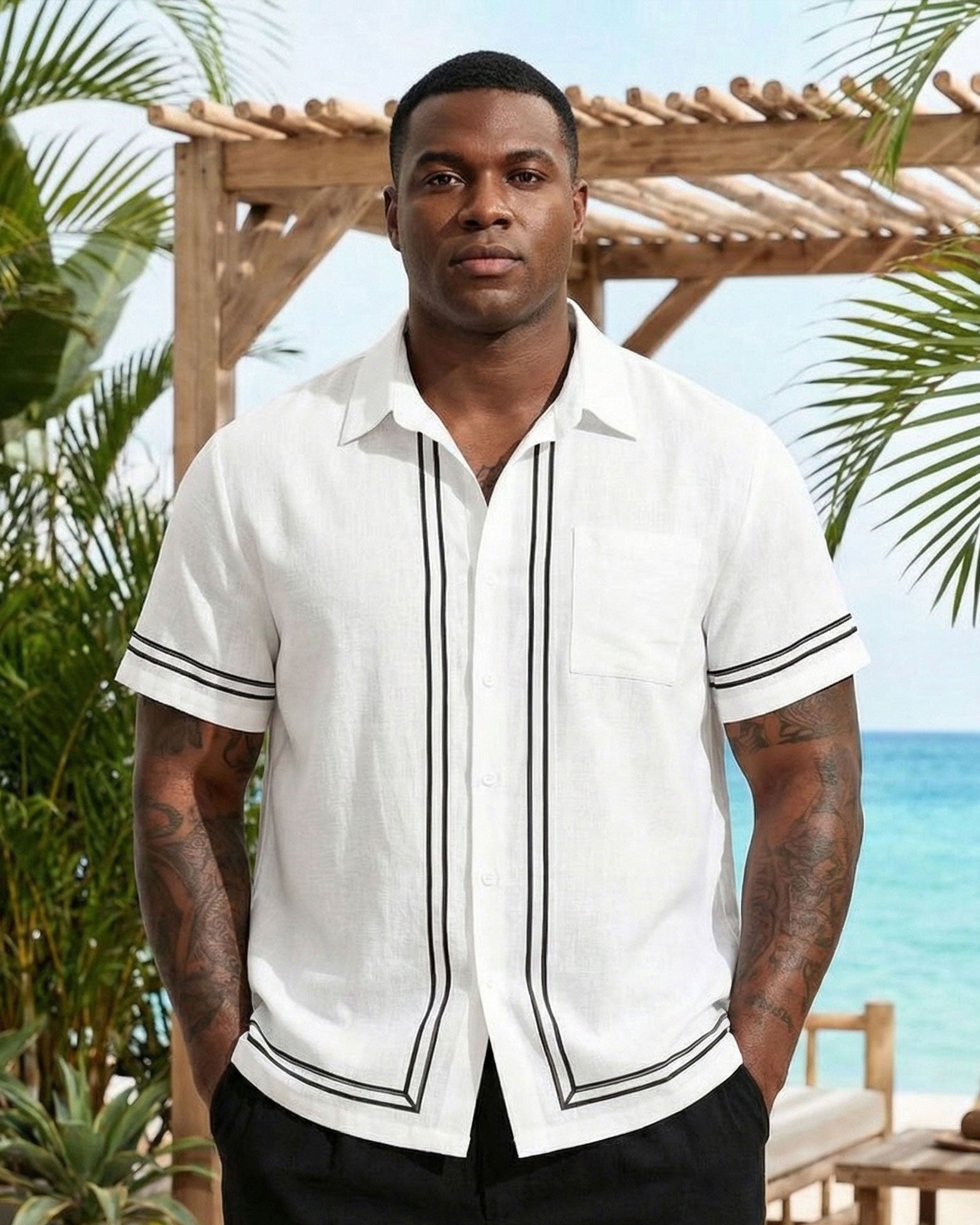 Big & Tall Men's White & Black Simple Line Chest Patch Pocket Short Sleeve Shirt Shorts Set