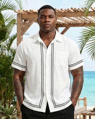 Big & Tall Men's White & Black Simple Line Chest Patch Pocket Short Sleeve Shirt Shorts Set