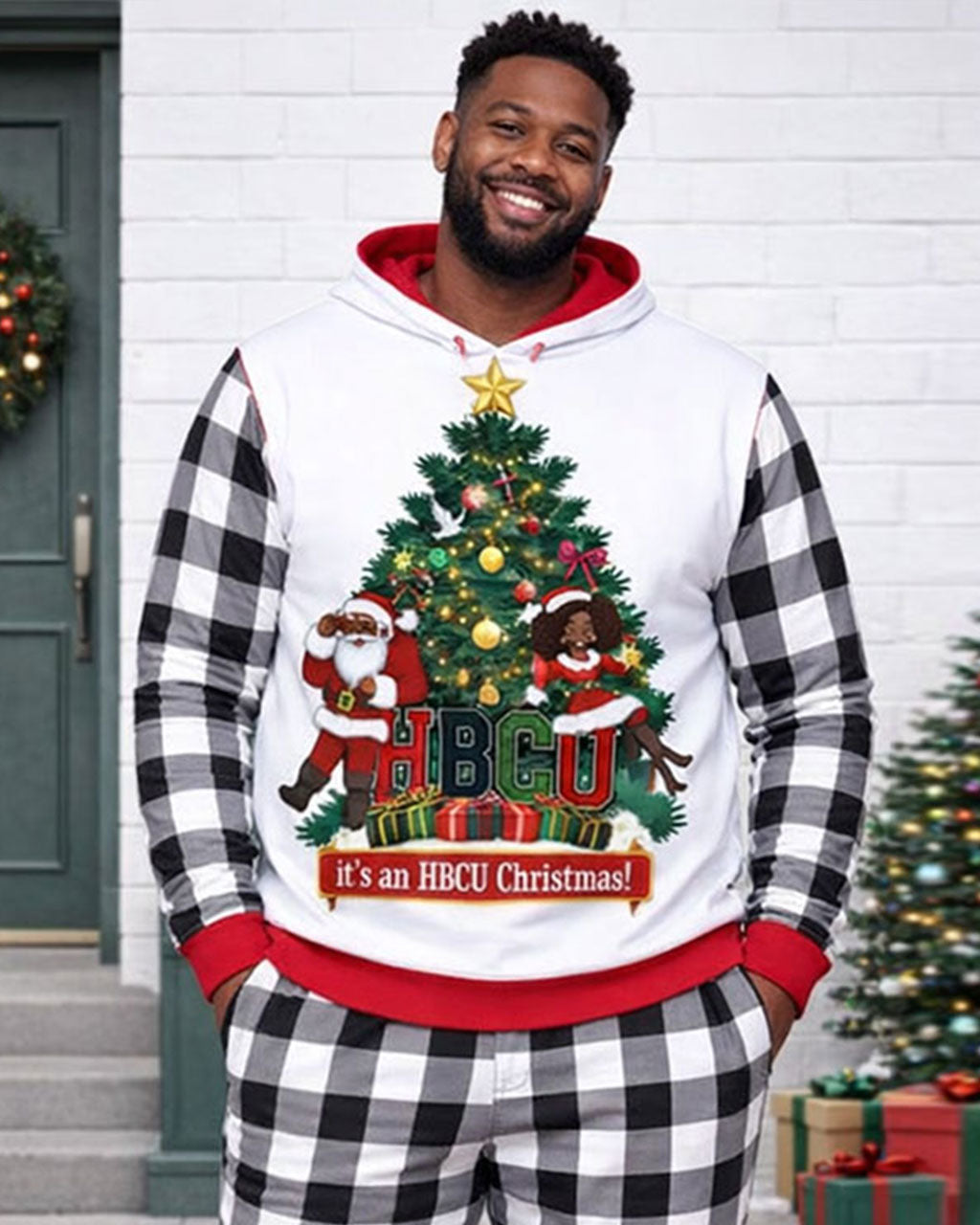 Large Size Men's Autumn And Winter Warm Christmas Plaid Stitching Chest Large Printed Hoodie Sweatpants Set