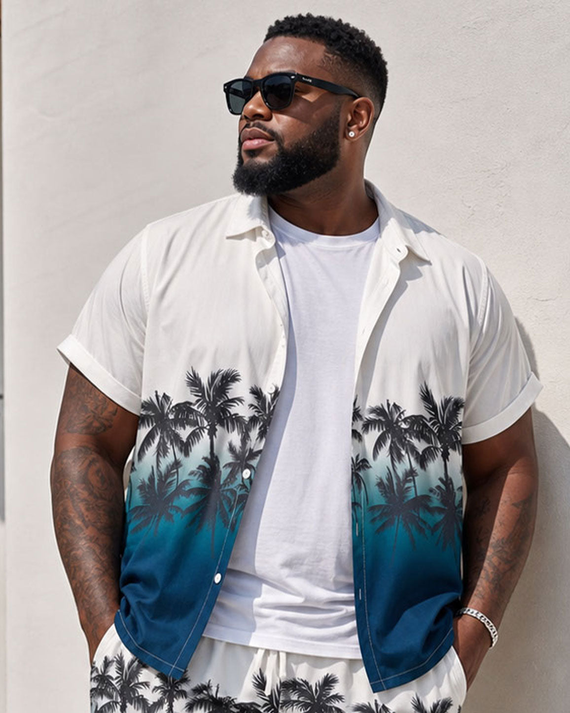 Big & Tall Men's White & Blue Hawaiian Landscape Print Short Sleeve Button-Up Shirt Shorts Set