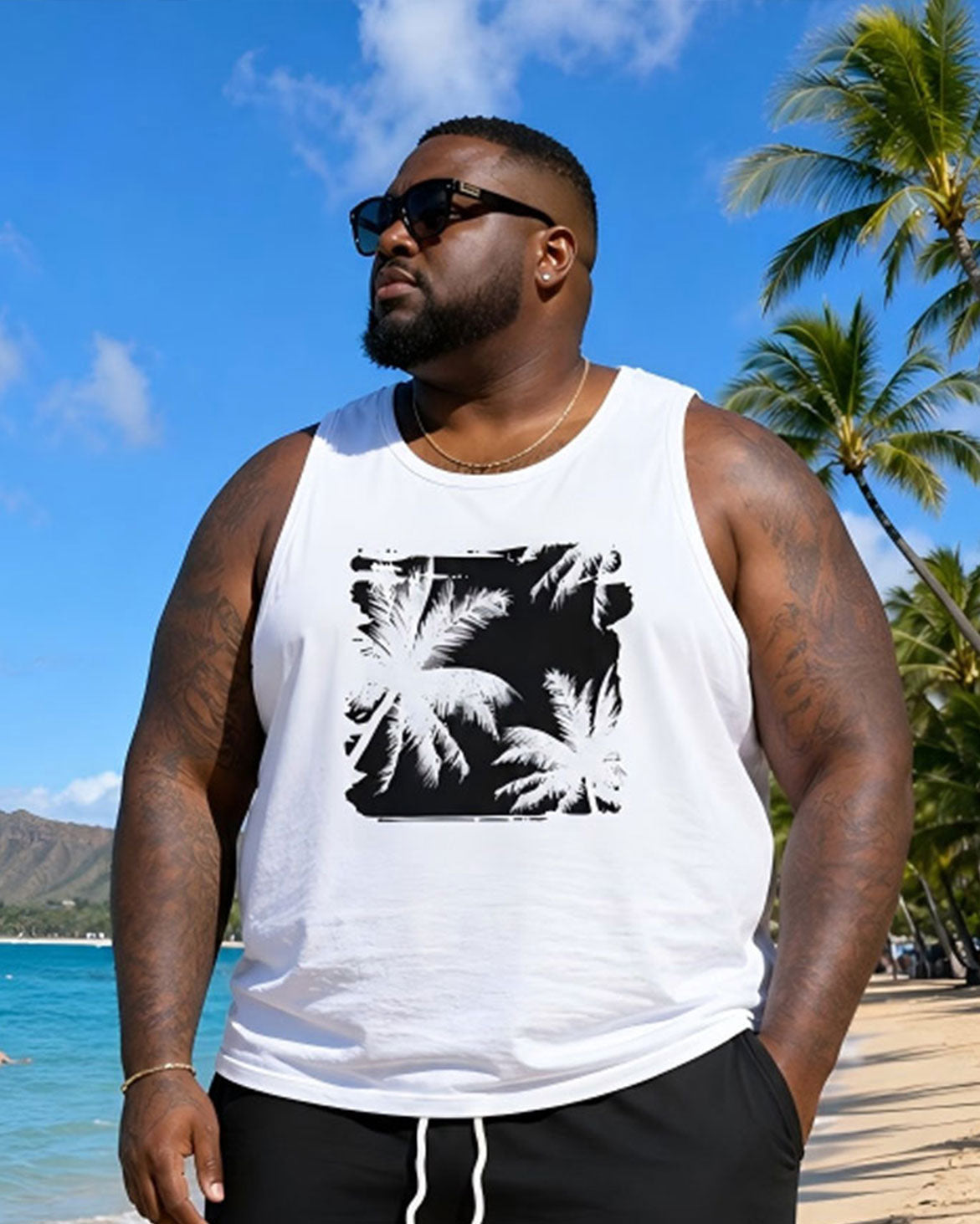 Big & Tall Men's Black & White Floral Block Print Tank Top Shorts Set
