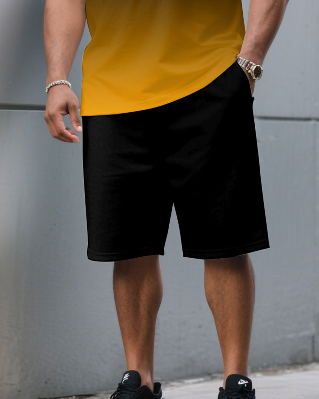 Men's Plus Size Casual Black & Red Chest Gradient Fashion Round Neck Short Sleeve T-Shirt and Shorts Suit