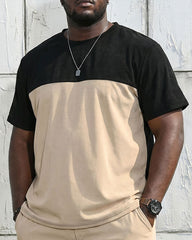 Big & Tall Men's Black & Khaki Simple Daily Holiday Short Sleeve T-Shirt Shorts Set