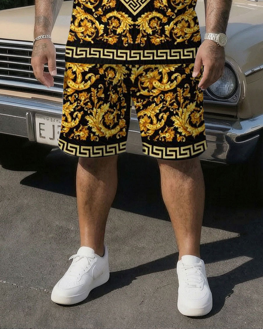 Big & Tall Men' Luxury Classic Baroque Print Short Sleeve T-Shirt Shorts Set