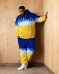 Large Size Men's Autumn And Winter Warm Cold-proof Blue & Yellow Neon Gradient Contrast Hoodie Sweatpants Set