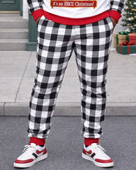 Large Size Men's Autumn And Winter Warm Christmas Plaid Stitching Chest Large Printed Hoodie Sweatpants Set