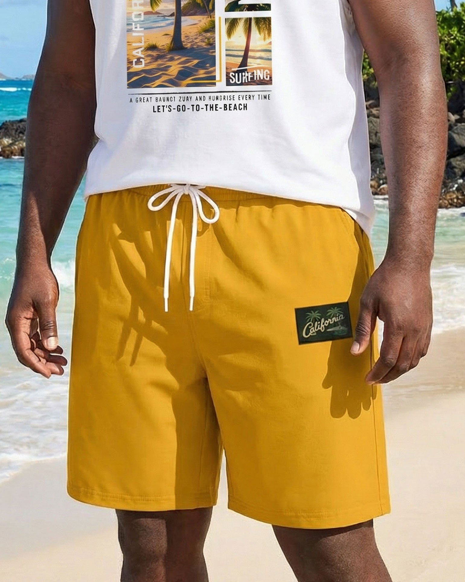 Hawaii Go To Vacation Pattern Printed Casual Party Carnival Vest Shorts Set Large Size Men