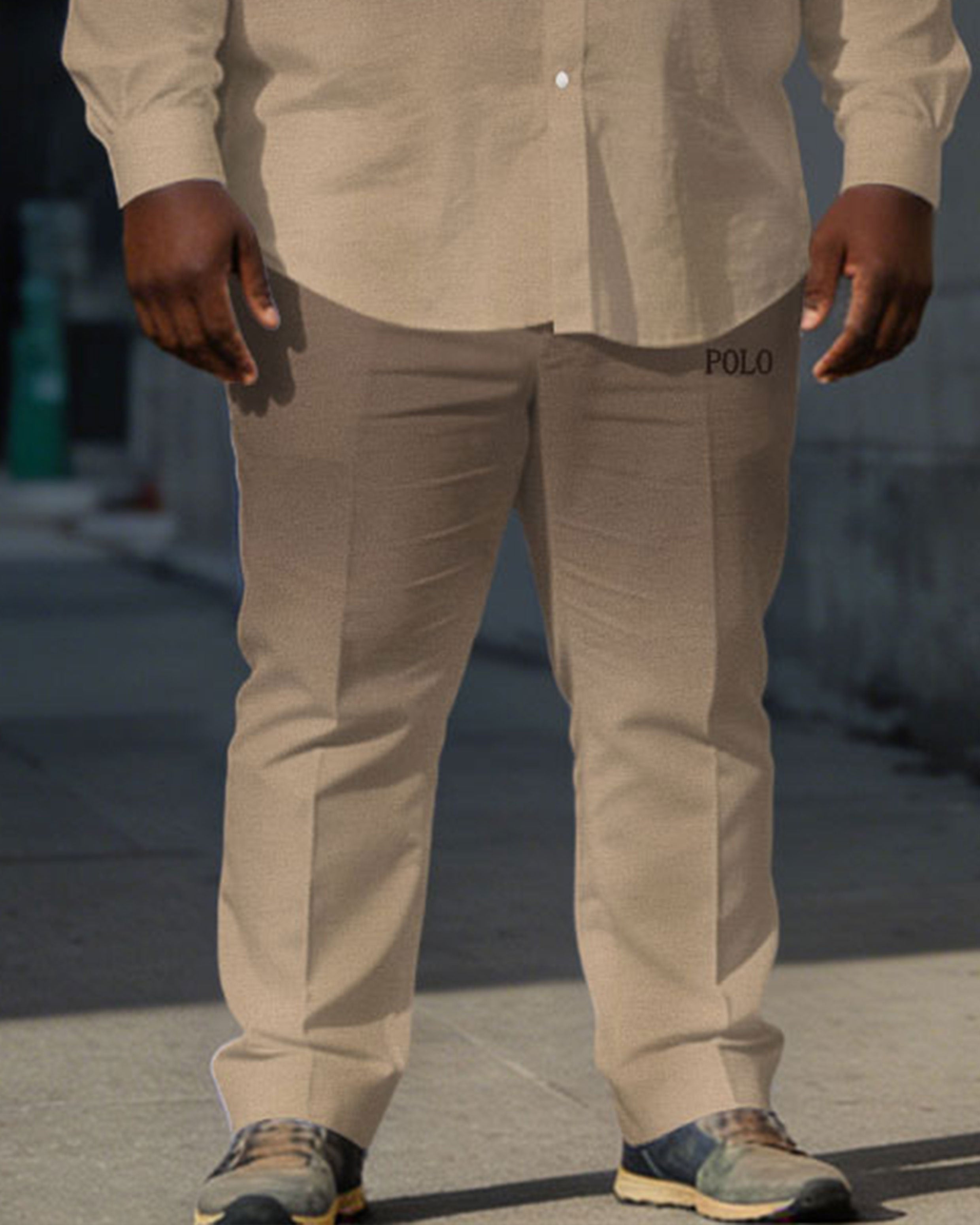 Men's Plus Size Dark Khaki & Light Khaki Contrast Color Gradient Simple Long Sleeve Shirt Trousers Business Casual Suit