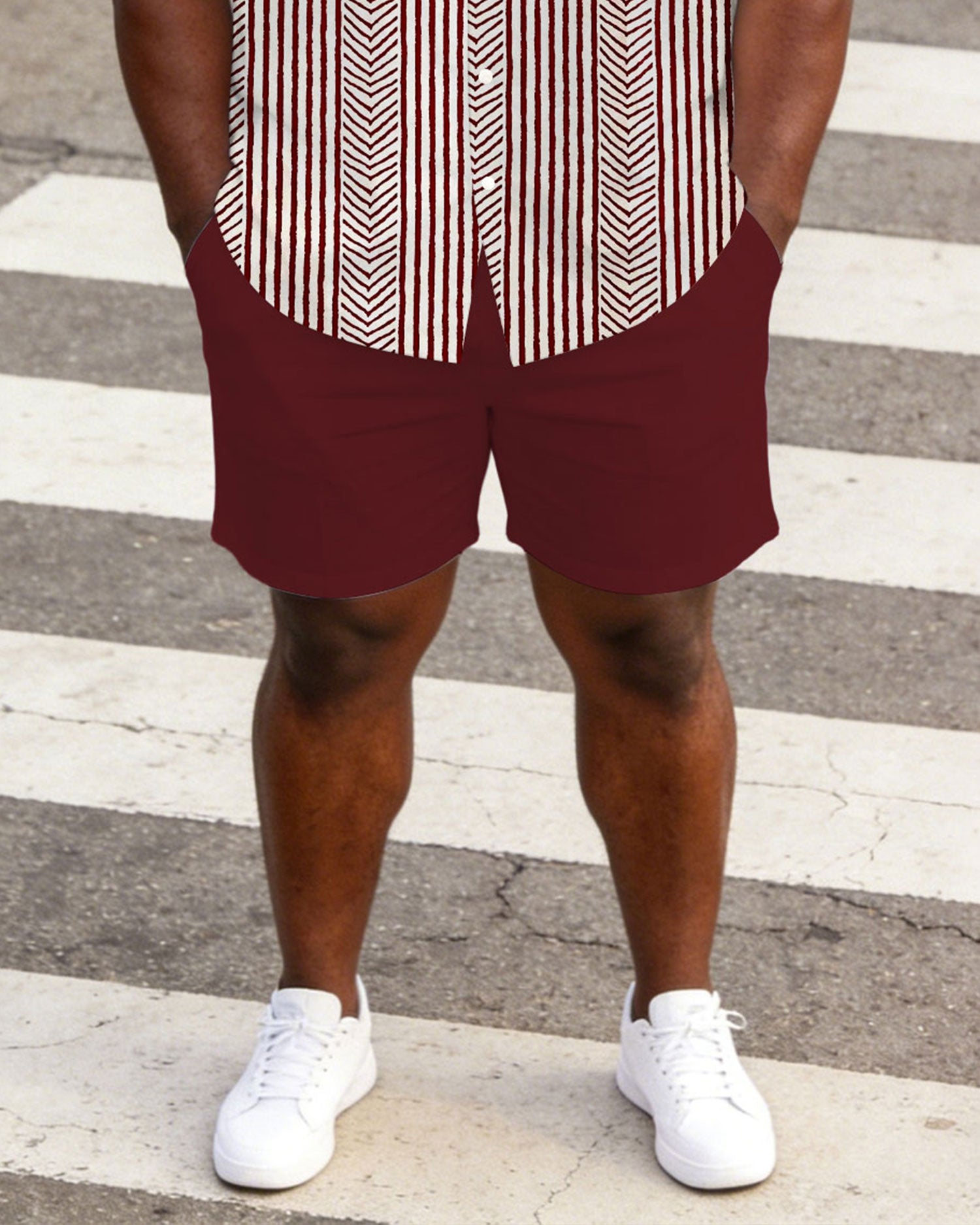 Men's Large Size Red Business Casual Short Sleeve Shirt Shorts Set