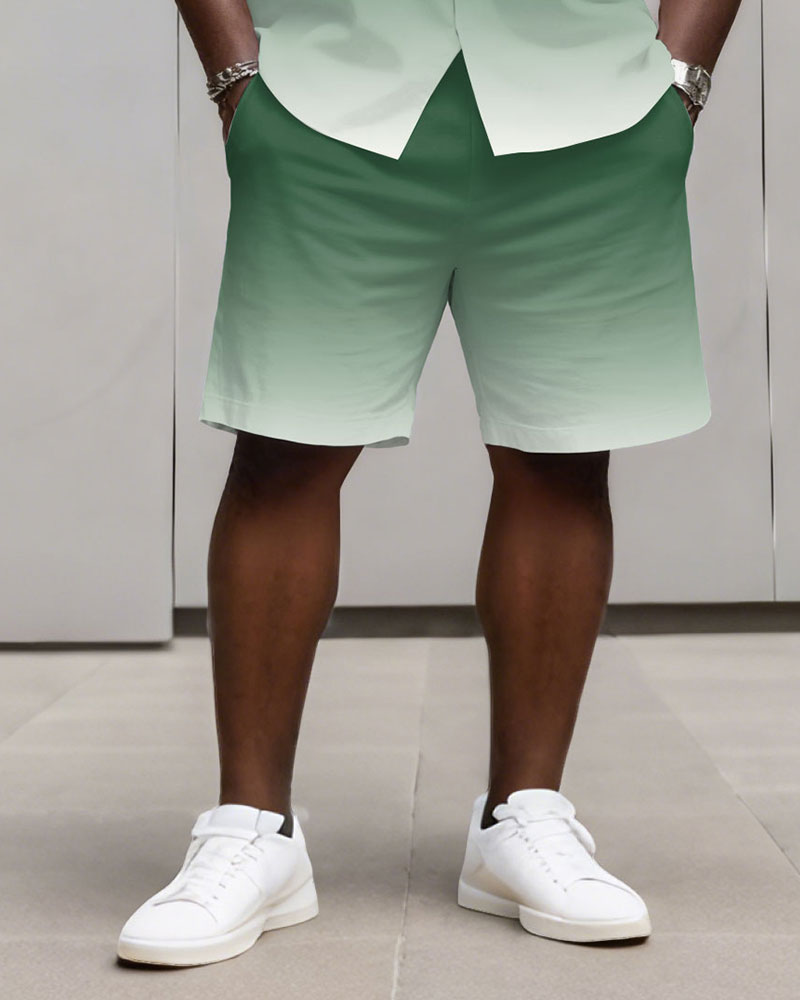 Big & Tall Men's Business Simple Green & White Gradient Long Sleeve Shirt And Shorts Set