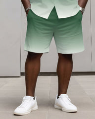 Big & Tall Men's Business Simple Green & White Gradient Long Sleeve Shirt And Shorts Set