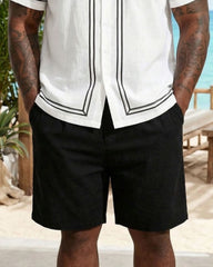 Big & Tall Men's White & Black Simple Line Chest Patch Pocket Short Sleeve Shirt Shorts Set