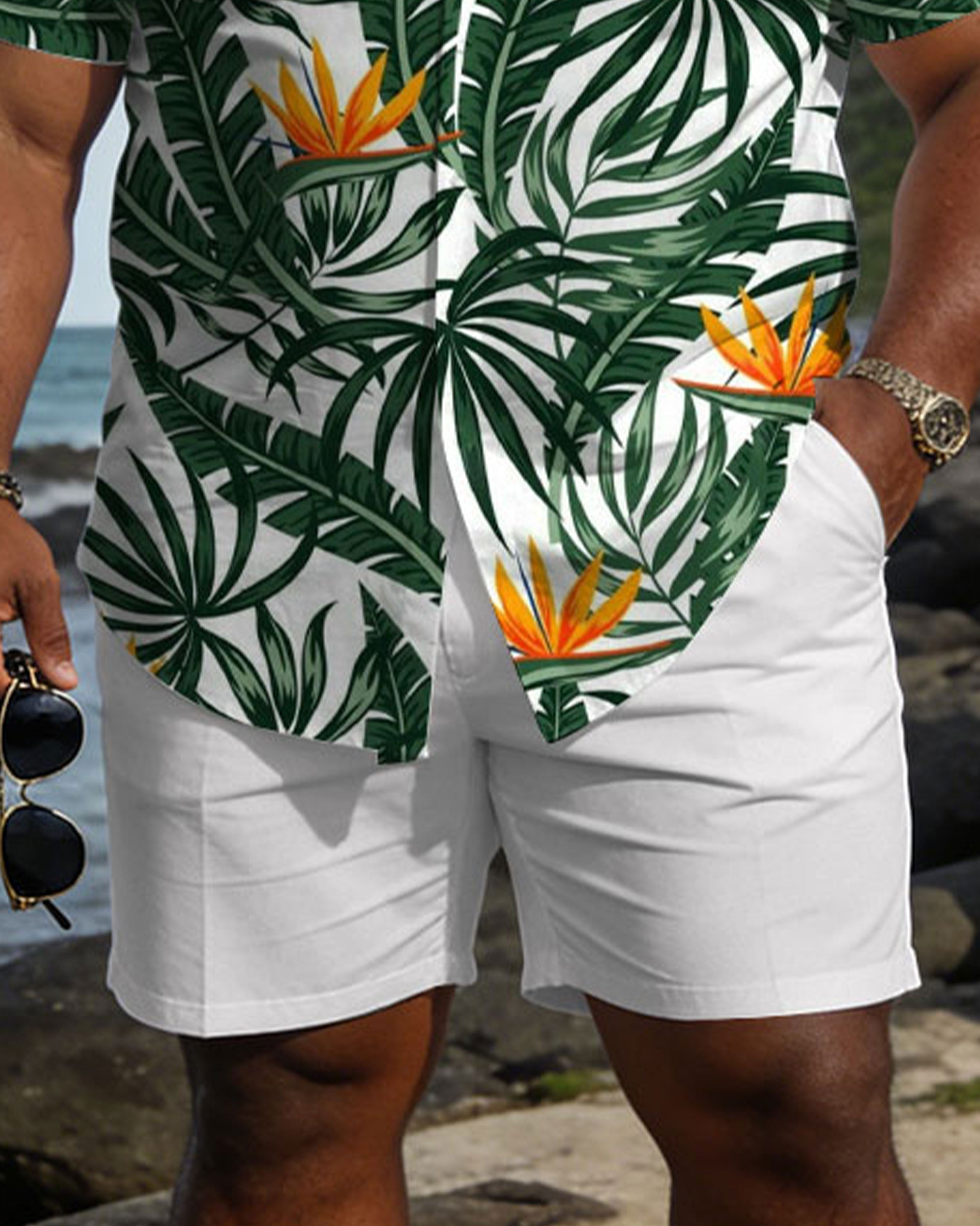 Big & Tall Men's Hawaiian Holiday Style Green Plant Pattern Short Sleeve Shirt Shorts Set