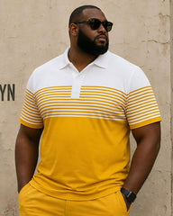 Big & Tall Men's Yellow & White Contrast Pinstripe Patchwork Printed POLO Shirt Short Sleeve Shorts Set