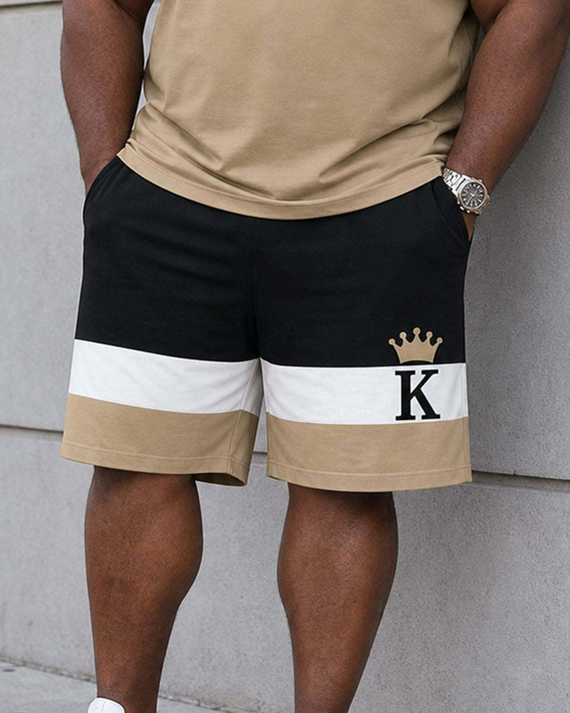 Big & Tall Men's Daily Leisure Simple Holiday Party Black & White & Khaki Chest King Printed Short Sleeve T-Shirt Shorts Set