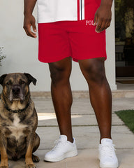 Red & White Small Label Printed Polo Shirt On Chest Short Sleeve Suit Large Size Men