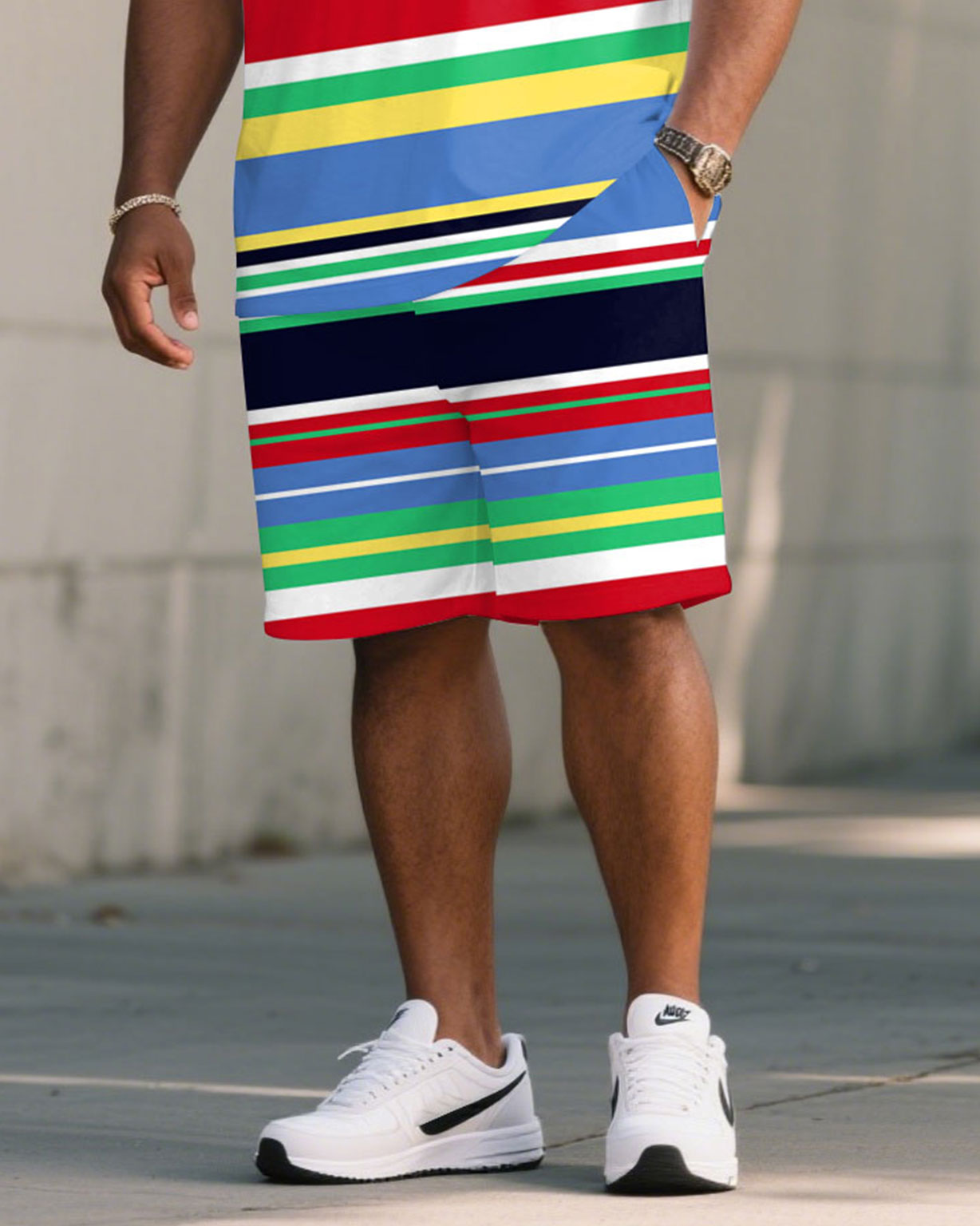 Big & Tall Men's Rainbow Striped Summer Chest Pony Print T-Shirt Shorts Set