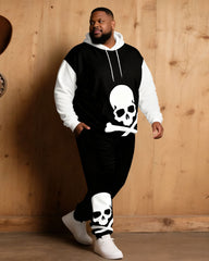 Large Size Men's Autumn And Winter Warm Cold-proof Black & White Sleeves Contrast Color Skull Figure Printed Hoodie Sweatpants Set