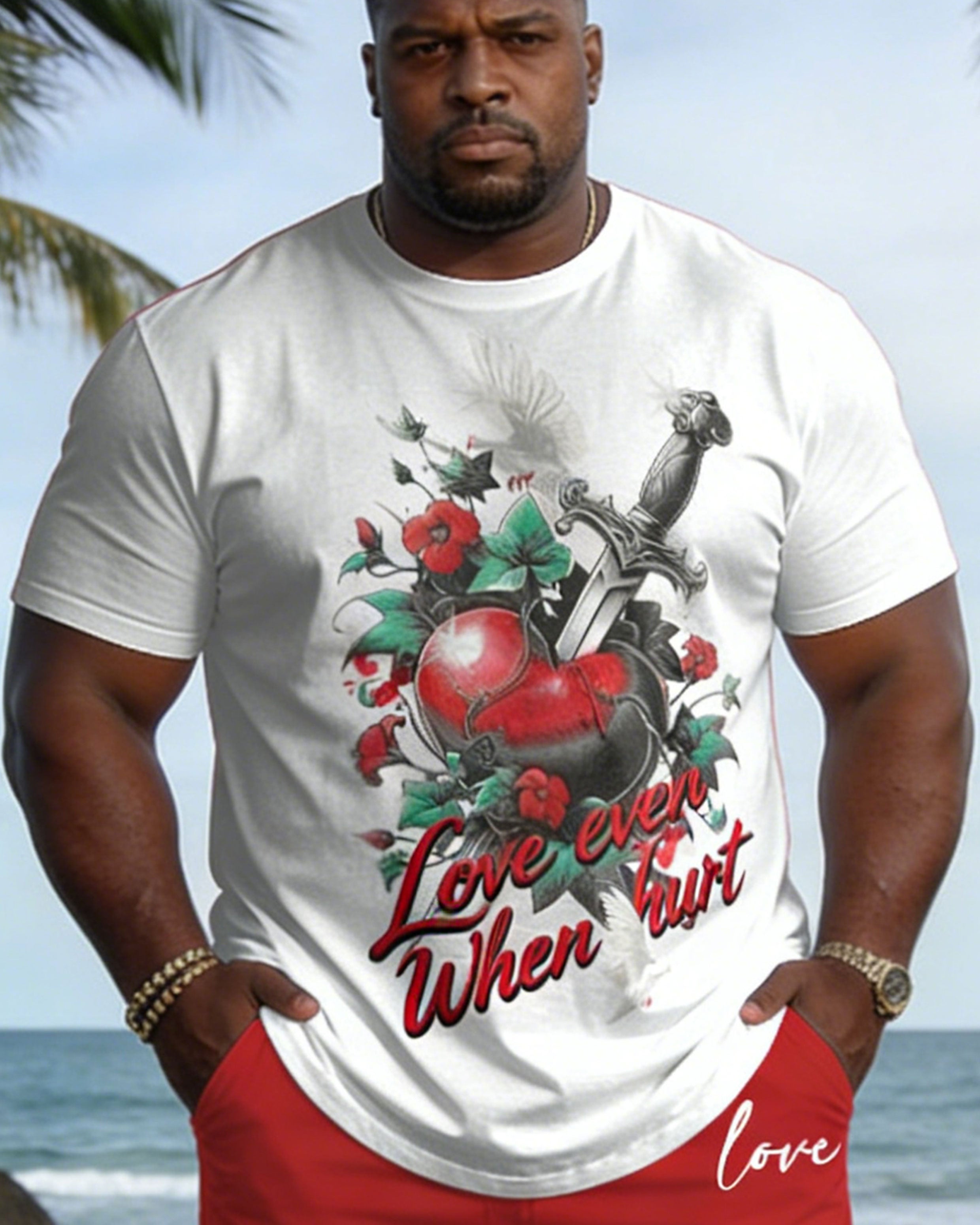 Big & Tall Spring And Summer New Valentine's Day Dating Party Party Vacation Sword Love Rose Round Neck Short Sleeve T-Shirt Shorts Set Couple Dress