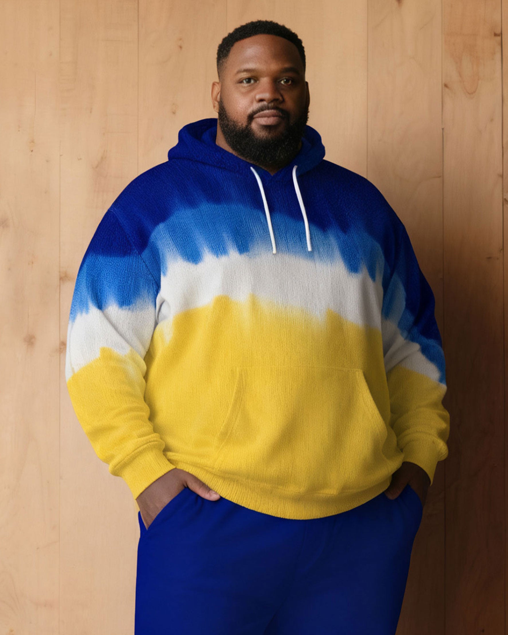 Large Size Men's Autumn And Winter Warm Cold-proof Blue & Yellow Neon Gradient Contrast Hoodie Sweatpants Set