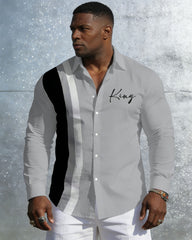 Men's Plus Size Casual Vacation Party Couple Dating Dress Up Grey & Black Classic Color Matching Chest KING Slogan Printed Wrinkle-resistant New Lassel Long Sleeve Shirt