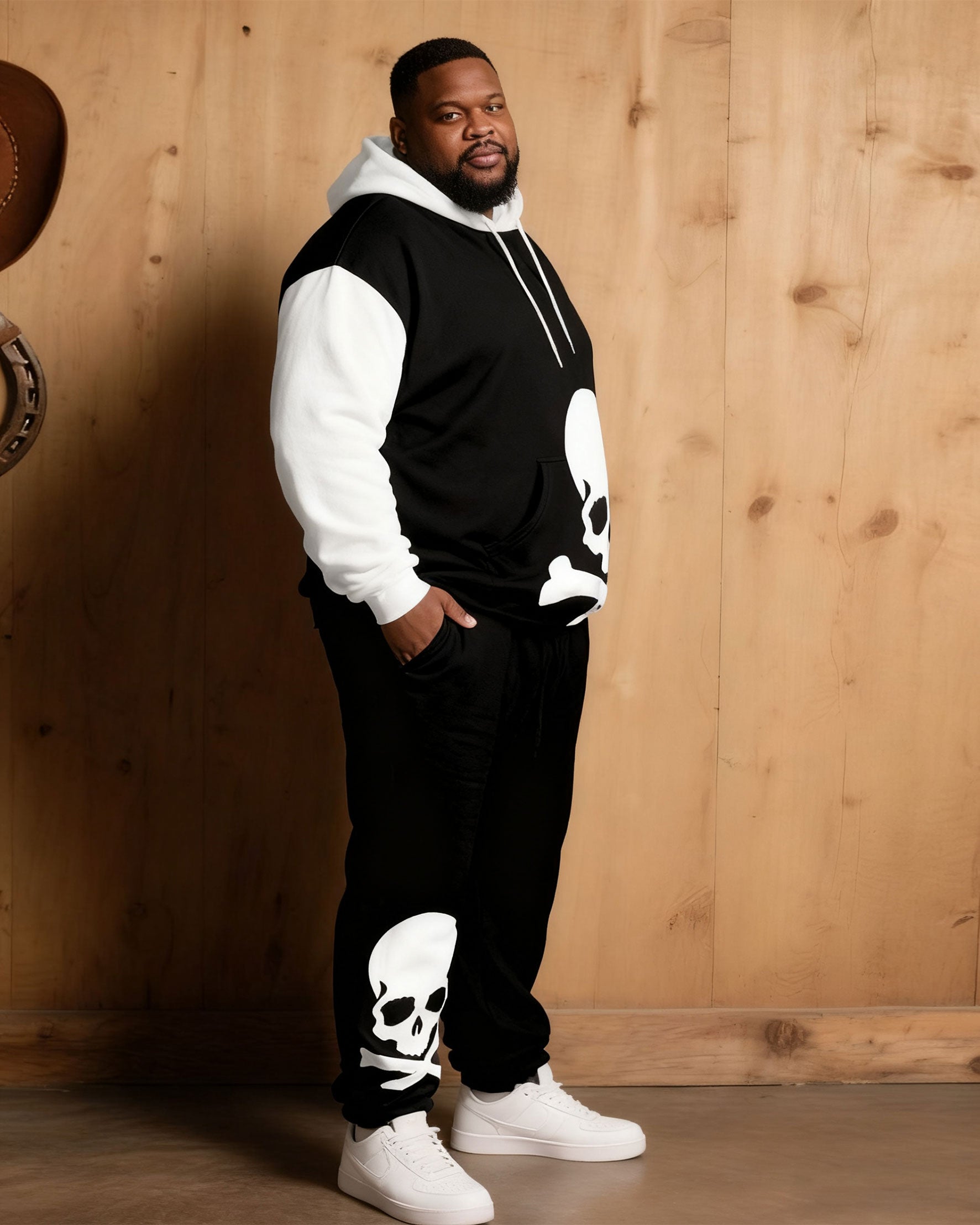 Large Size Men's Autumn And Winter Warm Cold-proof Black & White Sleeves Contrast Color Skull Figure Printed Hoodie Sweatpants Set