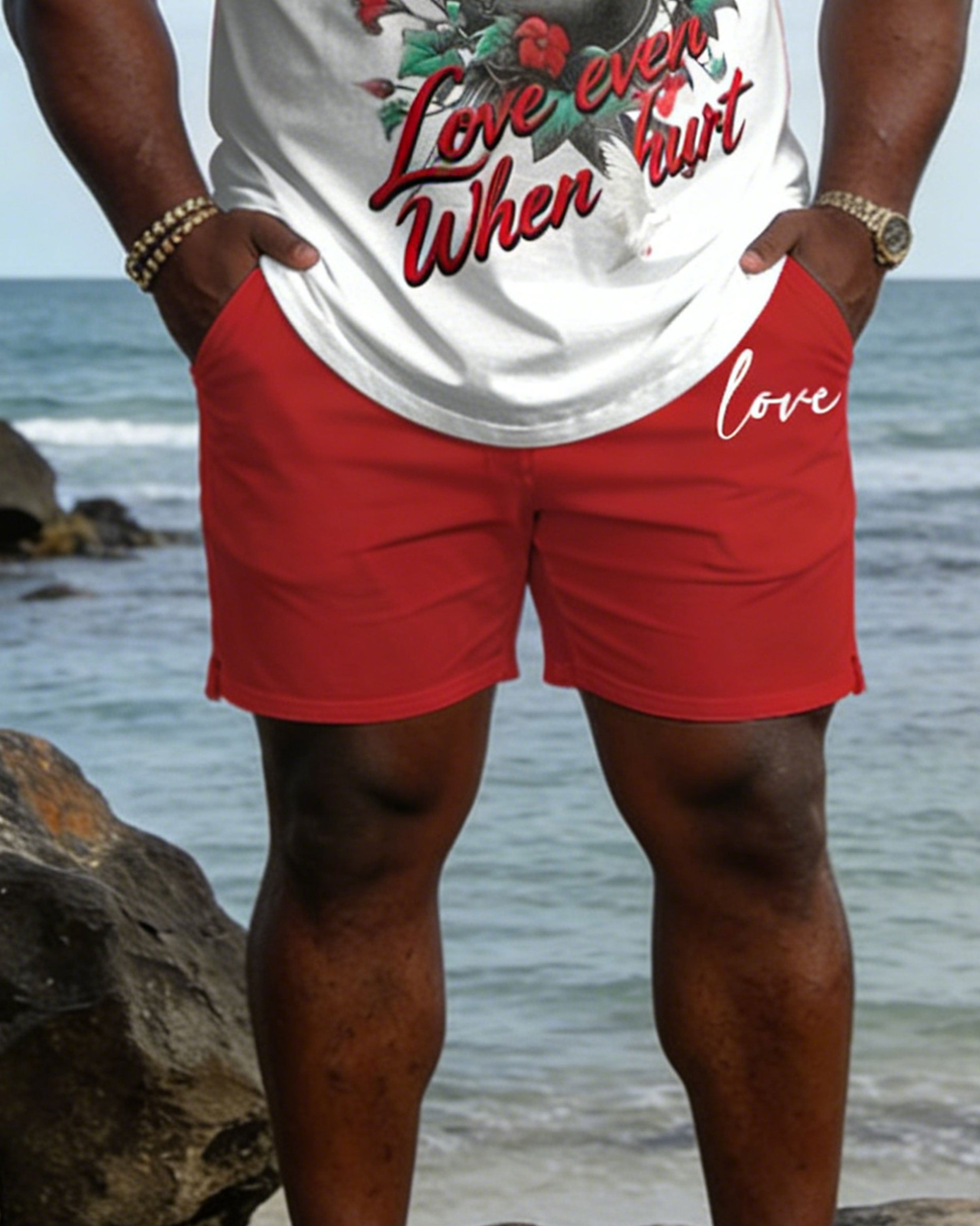 Big & Tall Spring And Summer New Valentine's Day Dating Party Party Vacation Sword Love Rose Round Neck Short Sleeve T-Shirt Shorts Set Couple Dress