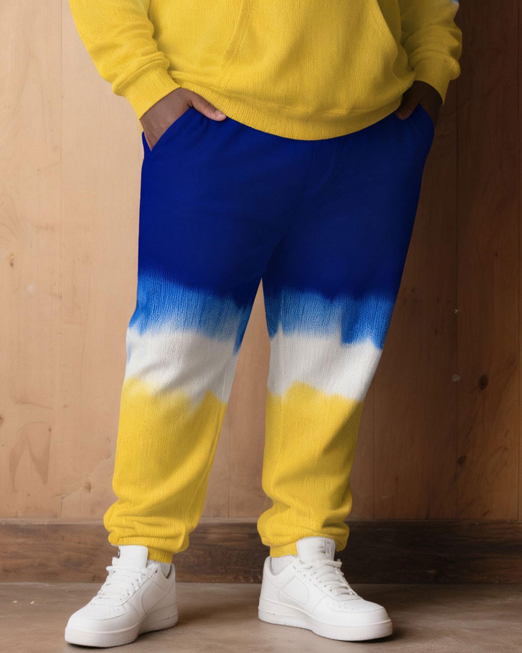 Large Size Men's Autumn And Winter Warm Cold-proof Blue & Yellow Neon Gradient Contrast Hoodie Sweatpants Set