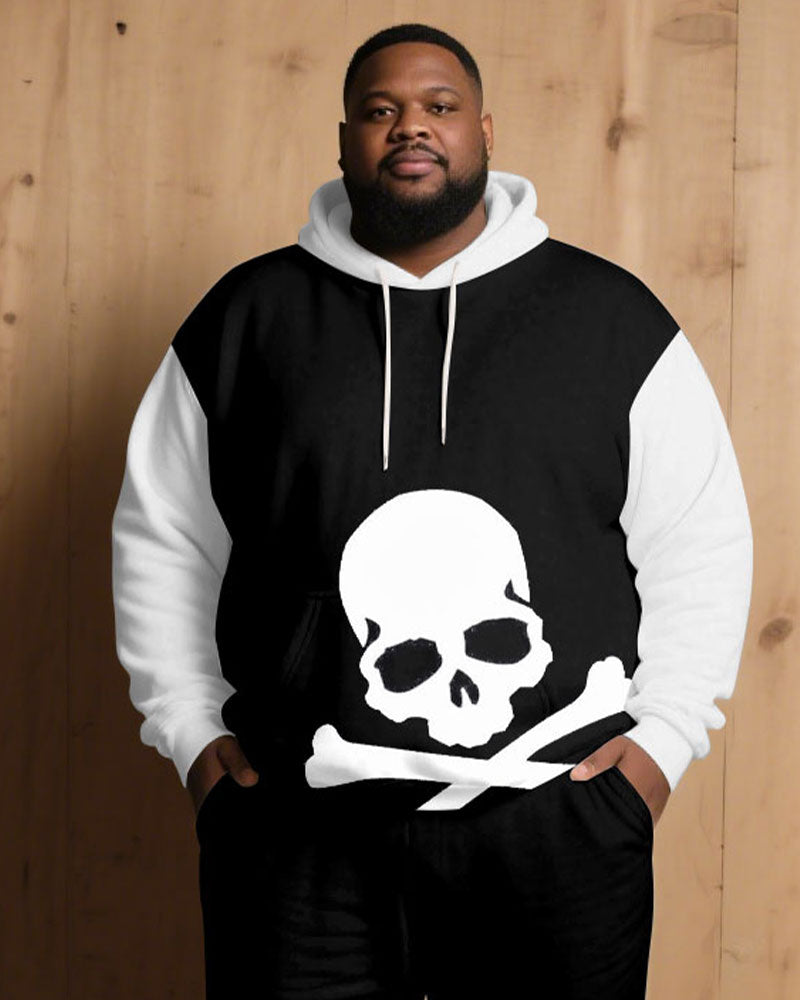 Large Size Men's Autumn And Winter Warm Cold-proof Black & White Sleeves Contrast Color Skull Figure Printed Hoodie Sweatpants Set