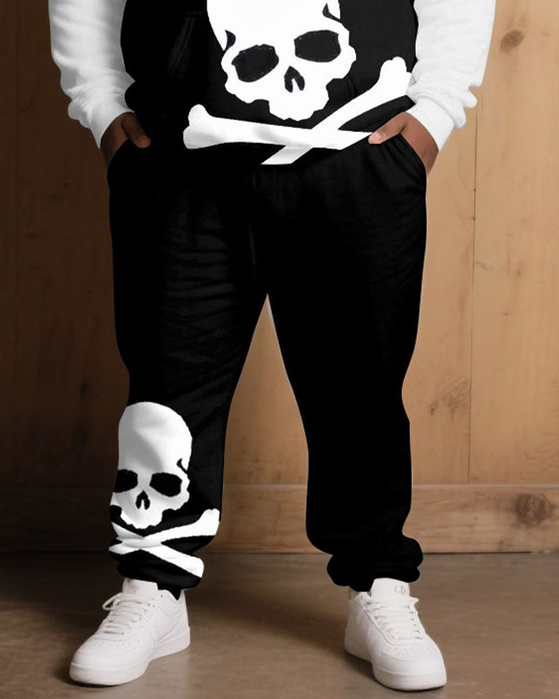 Large Size Men's Autumn And Winter Warm Cold-proof Black & White Sleeves Contrast Color Skull Figure Printed Hoodie Sweatpants Set