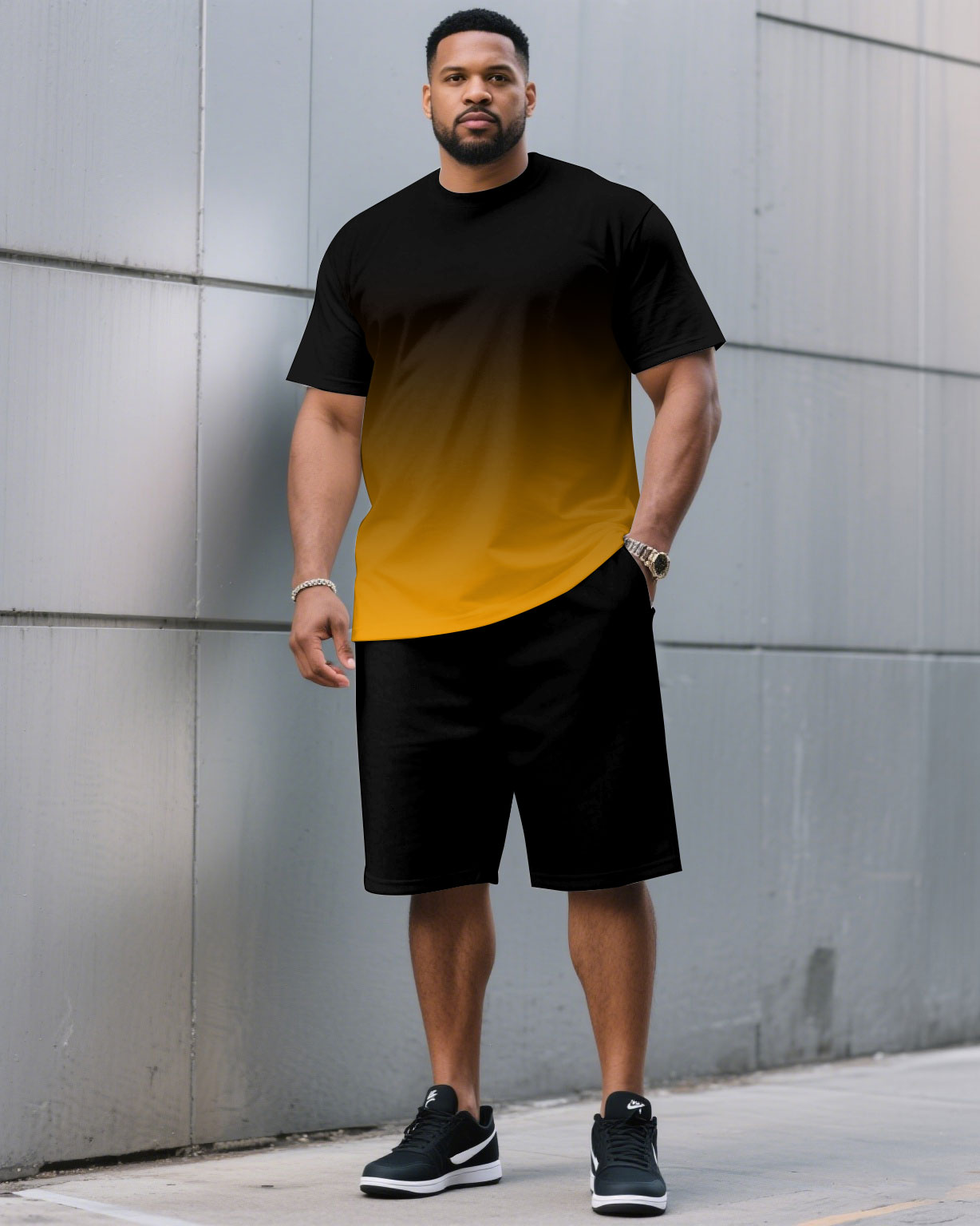Men's Plus Size Casual Black & Red Chest Gradient Fashion Round Neck Short Sleeve T-Shirt and Shorts Suit