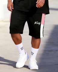 Big & Tall Men's Pink White Black Color Matching King Letter Printed Round Neck Short Sleeve T-shirt Shorts Set