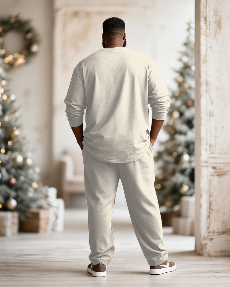 Big & Tall Men's Merry Christmas Cartoon Apricot Printed Long Sleeve T-Shirt Pants Set