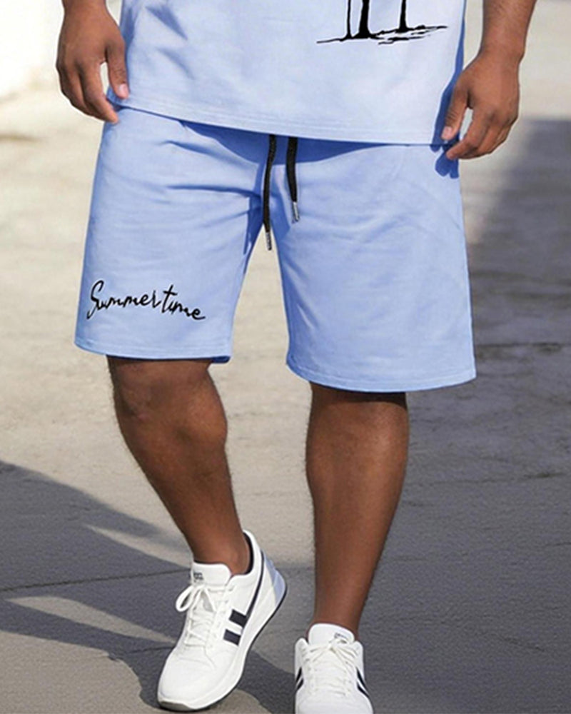 Big & Tall Men's Gradient Coconut Summertime Printed Round Neck Short Sleeve T-shirt Shorts Set