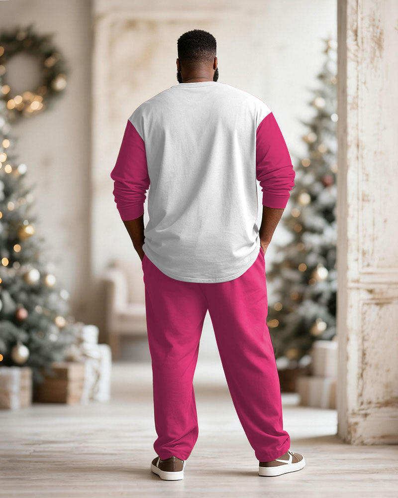 Big & Tall Men's Merry Christmas Cartoon Pink Printed Long Sleeve T-Shirt Pants Set