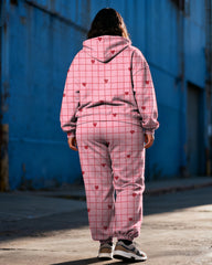 Women's Plus Size Pink Love Check Print Cardigan Hoodie Set