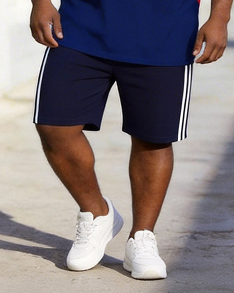 Big & Tall Men's Navy Red And White Color Matching Letter Printed Round Neck Short Sleeve T-shirt Shorts Set
