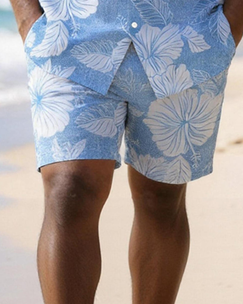 Big & Tall Men's Blue Hibiscus Flower Print Short Sleeve Shirt Shorts Set