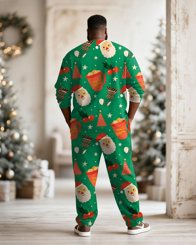 Big & Tall Men's Santa Claus Cartoon Green Print Long Sleeve T-Shirt Pants Set