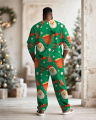 Big & Tall Men's Santa Claus Cartoon Green Print Long Sleeve T-Shirt Pants Set