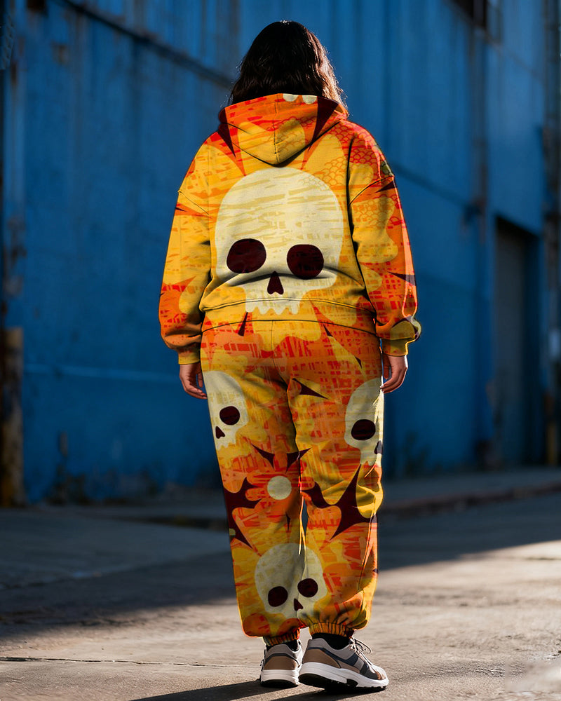 Women's Plus Size Halloween Orange Skull Floral Print Cardigan Hoodie Set