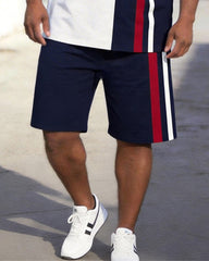Big & Tall Men's Navy Blue And White Color Block Coconut Striped Printed Crew Neck Short Sleeve T-shirt Shorts Set