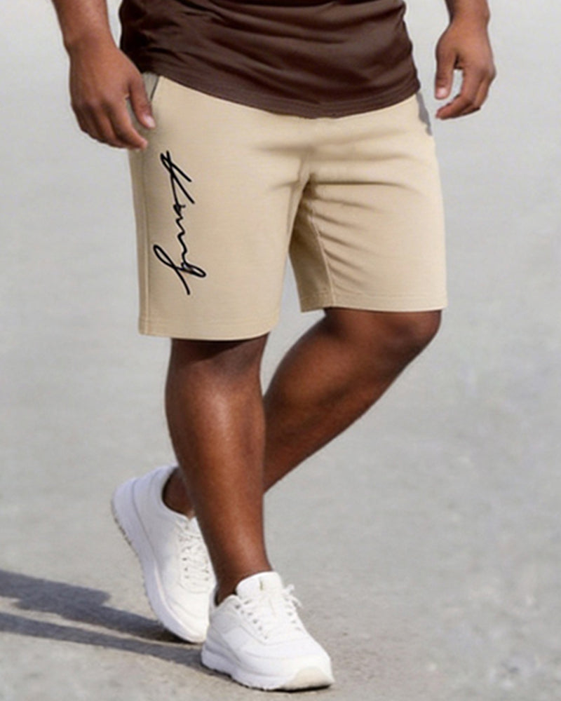 Big & Tall Men's Khaki Brown Color Block King Printed Round Neck Short Sleeve T-shirt Shorts Set
