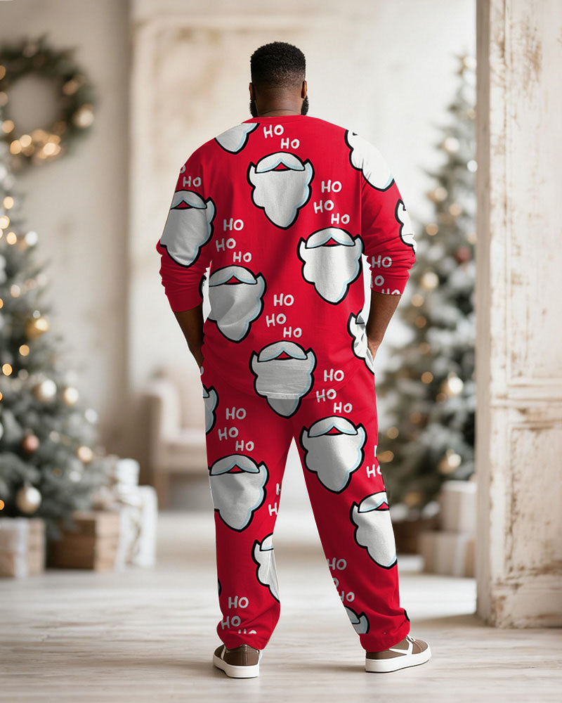 Big & Tall Men's Santa Claus Cartoon Print Long Sleeve T-Shirt Pants Set