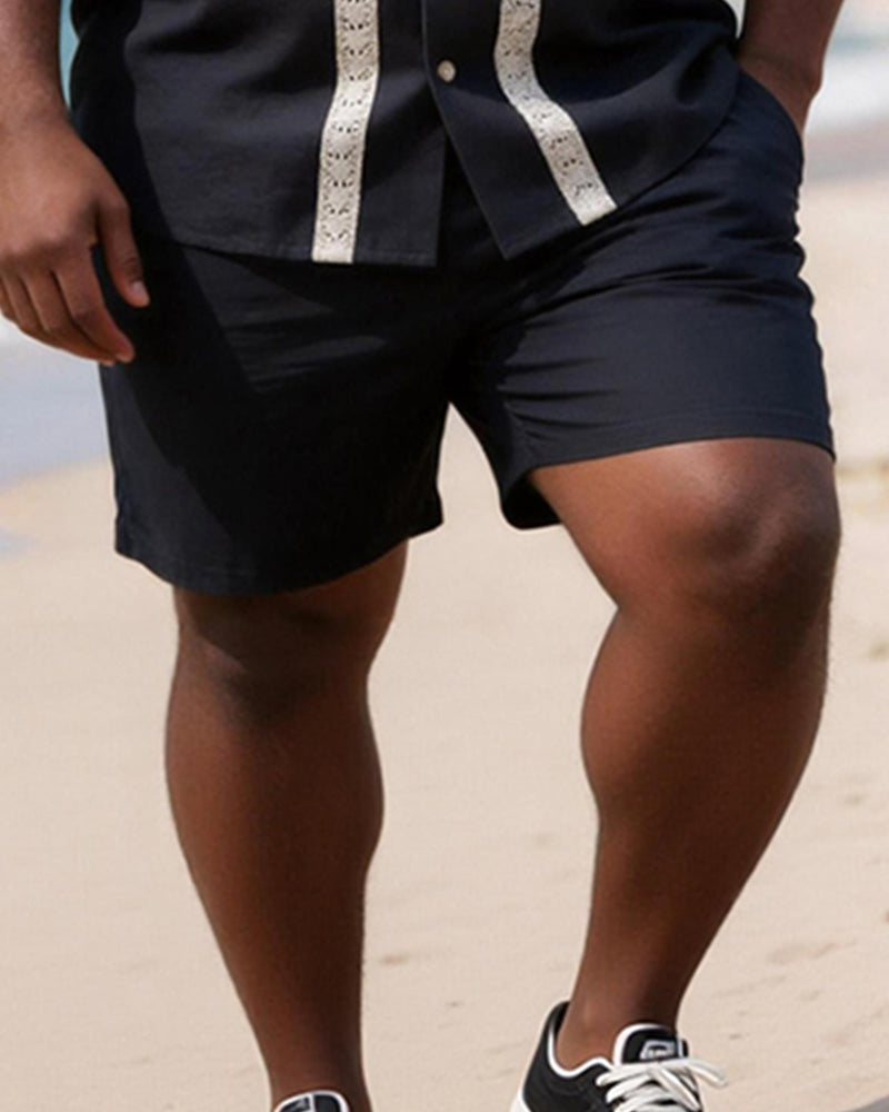 Big & Tall Men's Lace Stitching Printed Short Sleeve Shirt Shorts Set