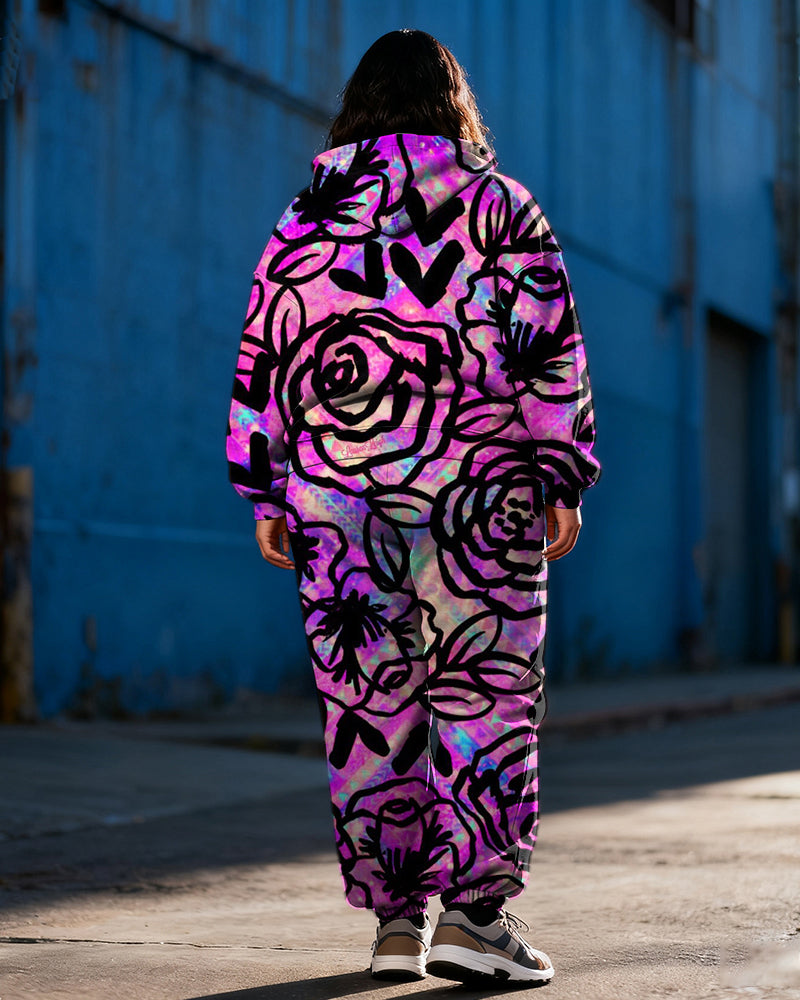 Women's Plus Size Rose Graffiti Print Cardigan Hoodie Set