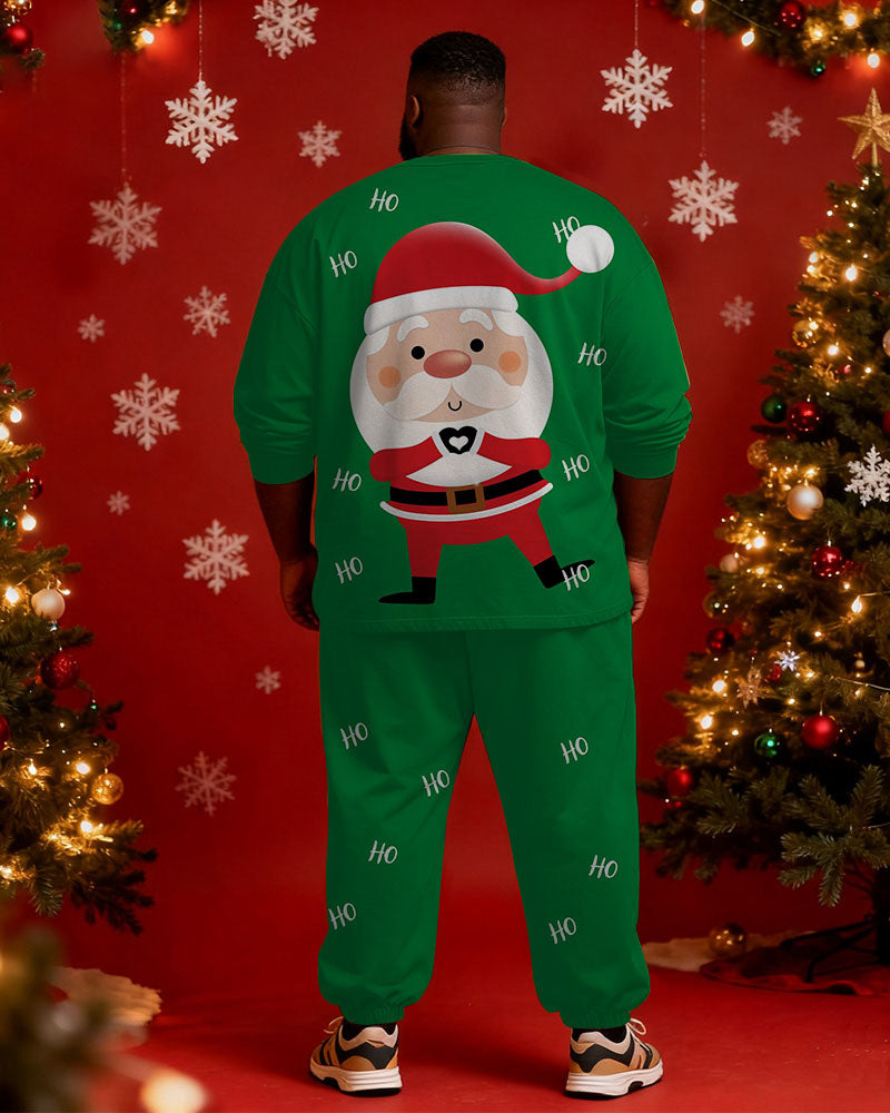 Big & Tall Men's Santa Claus Cartoon Love Print Long Sleeve T-Shirt Pants Set