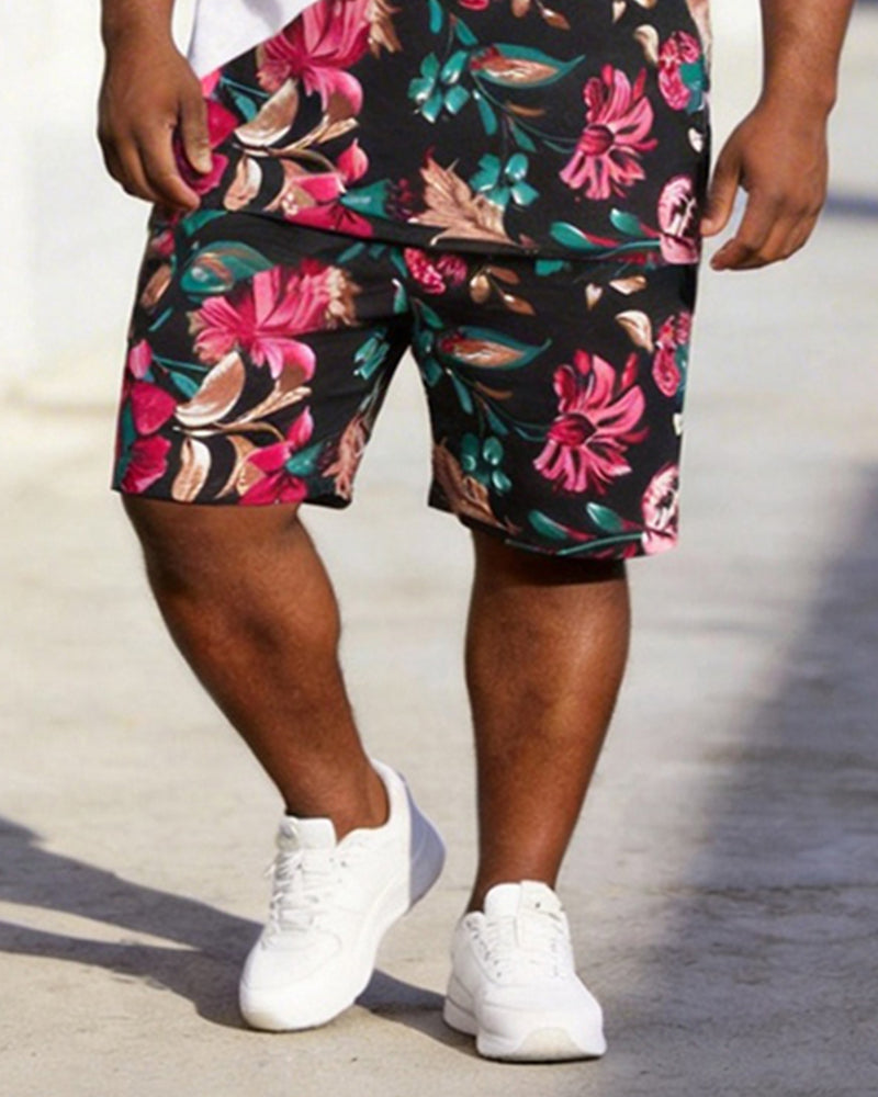 Big & Tall Men's Black And White Oblique Floral Printed Round Neck Short Sleeve T-shirt Shorts Set