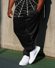 Big Men's 2-Piece Set Simple Spider Web Printed 2-Piece Short Sleeve T-shirt Pants Set