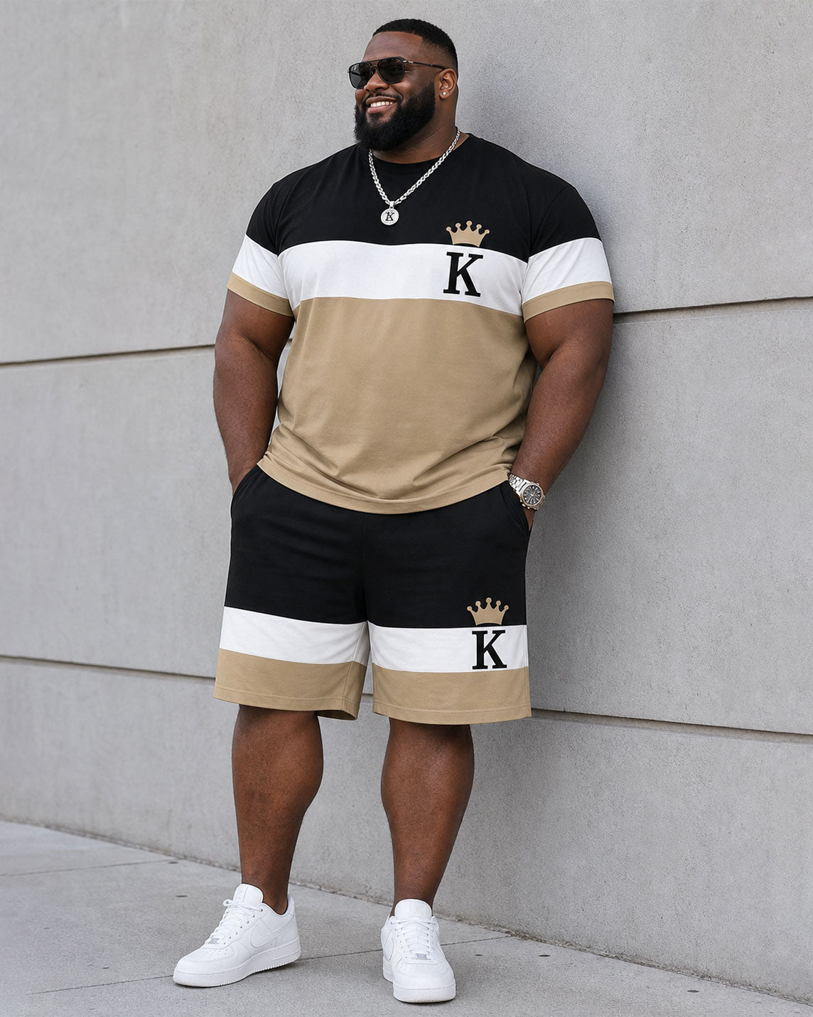 Big & Tall Men's Daily Leisure Simple Holiday Party Black & White & Khaki Chest King Printed Short Sleeve T-Shirt Shorts Set